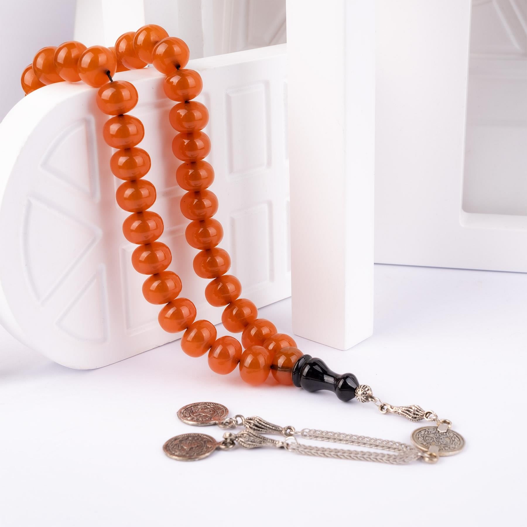 Ve Tesbih Flat Sphere Cut Crimped Amber Prayer Beads 2