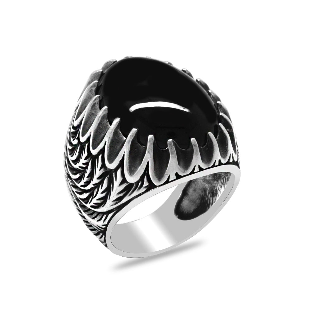 925 Sterling Silver Men's Ring with Wheat Detail and Black Onyx Stone