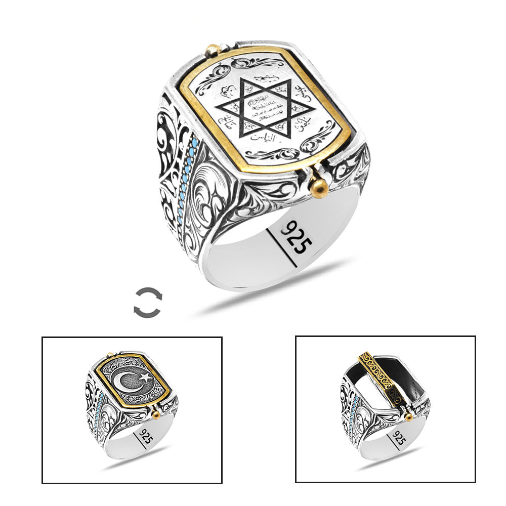 925 Sterling Silver Men's Ring with Double Sided Crescent, Star and (Seal of Solomon) Embroidered