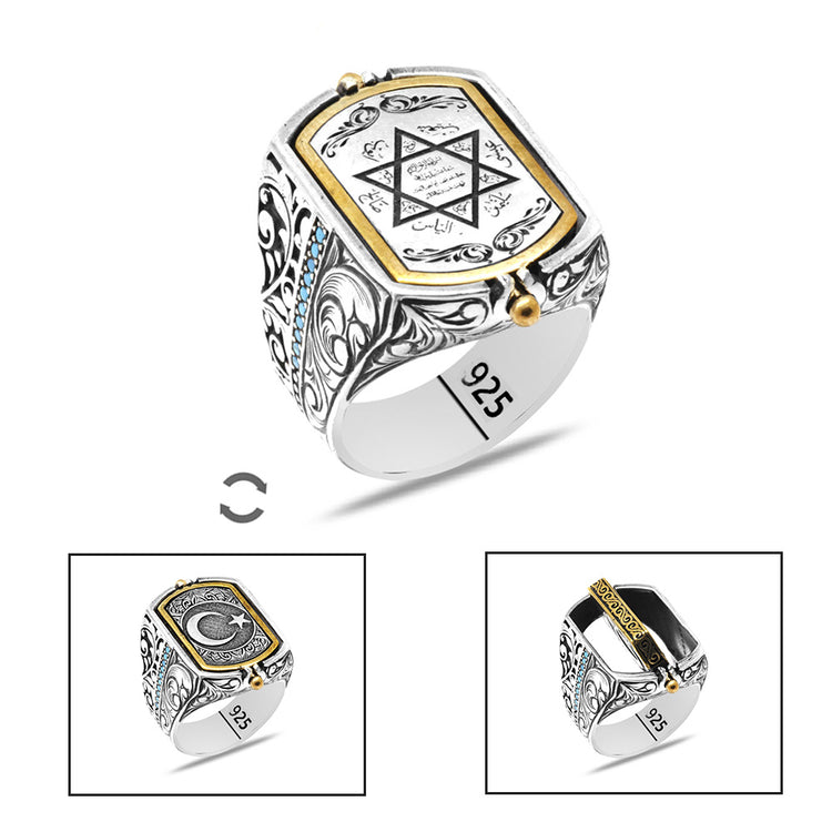 925 Sterling Silver Men's Ring with Double Sided Crescent, Star and (Seal of Solomon) Embroidered