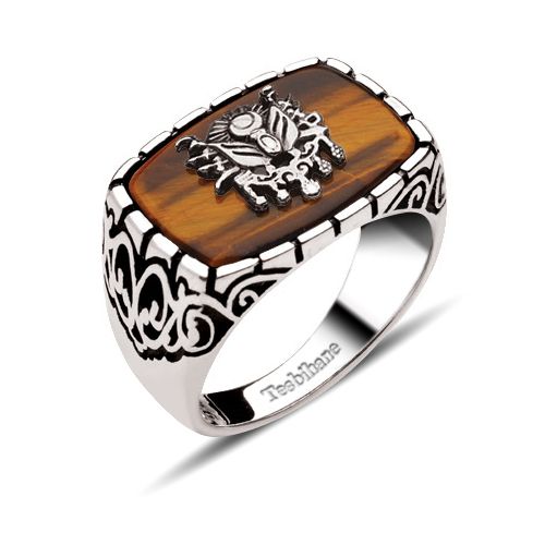 Decorative Pattern Tiger Eye Silver Ring with Coat of Arms