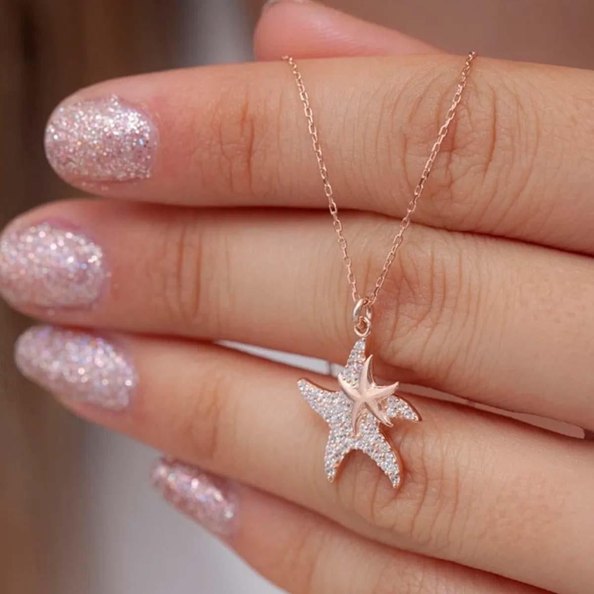 Ve Tesbih Starfish Model Zircon Stone Rose Silver Necklace