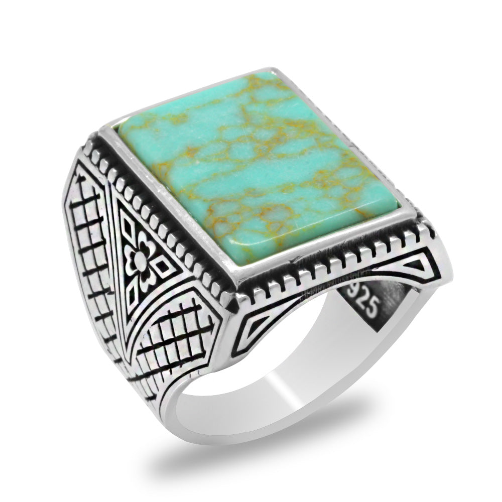 Italian Design 925 Sterling Silver Men's Ring with Turquoise Stone