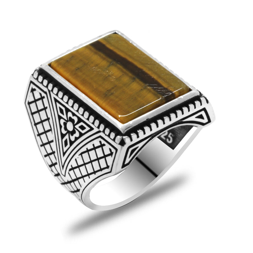 Italian Design Silver Men's Ring with Tiger's Eye Stone