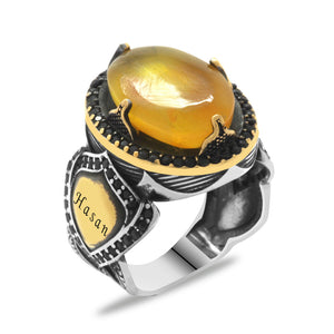 925 Sterling Silver Men's Ring with Natural Drop Amber Stone and Personalized Name Letters