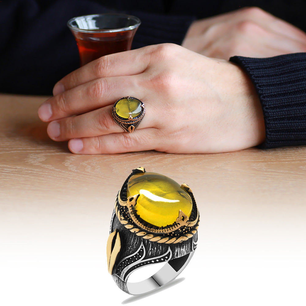 925 Sterling Silver Men's Ring with Natural Drop Amber Stone