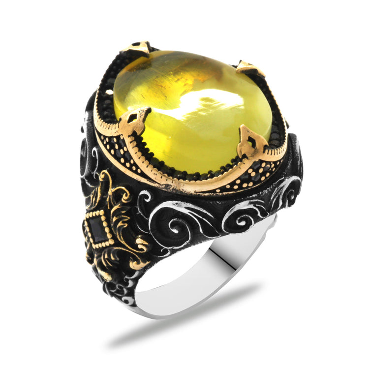Drop Amber Stone 925 Sterling Silver Men's Ring