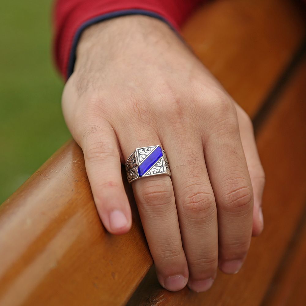Tesbihane Erzurum Handcrafted Blue Enameled Silver Ring-2