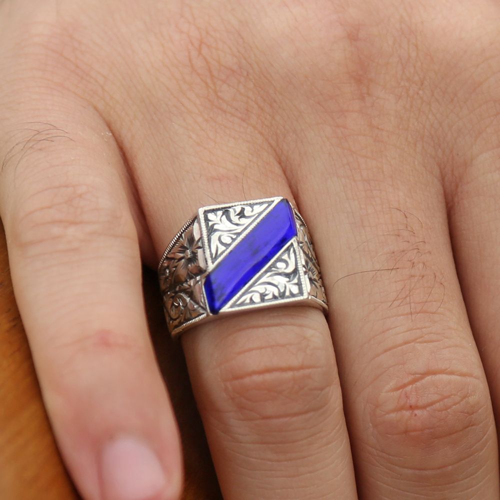 Tesbihane Erzurum Handcrafted Blue Enameled Silver Ring