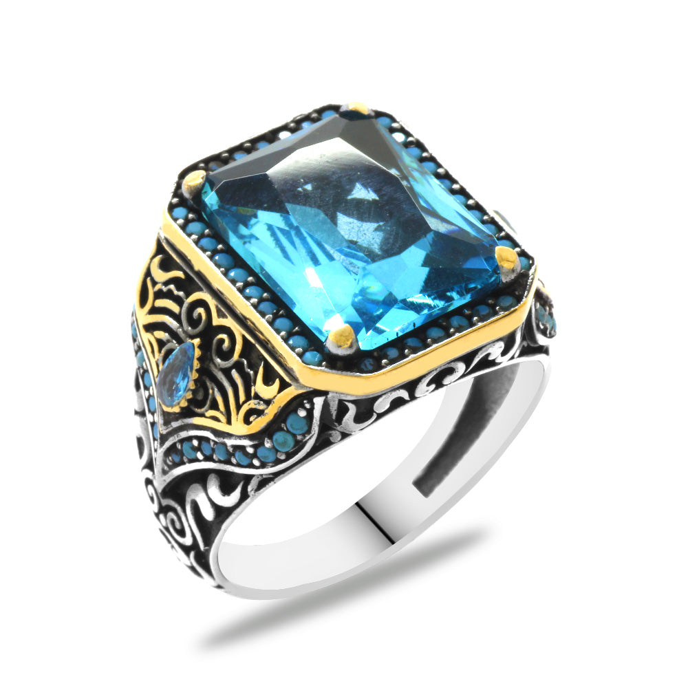 Aqua Zircon Stone Silver Men's Ring