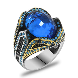 Pagan Design 925 Sterling Silver Men's Ring with Aqua Zircon Stone