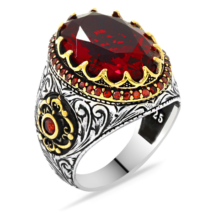 925 Sterling Silver Men's Ring with Red Stone