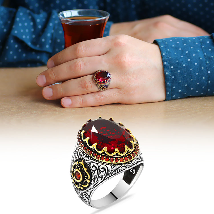 925 Sterling Silver Men's Ring with Red Zircon Stone