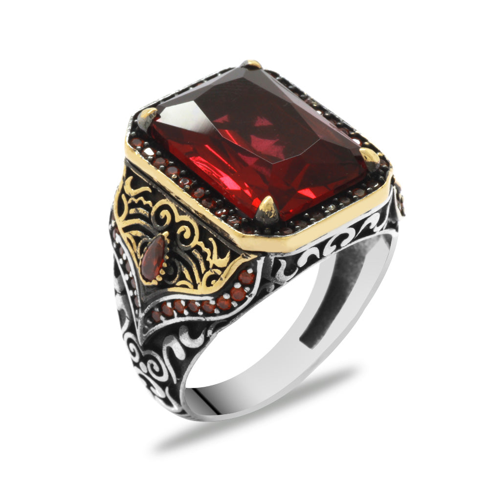 Red Zircon Stone 925 Sterling Silver Men's Ring