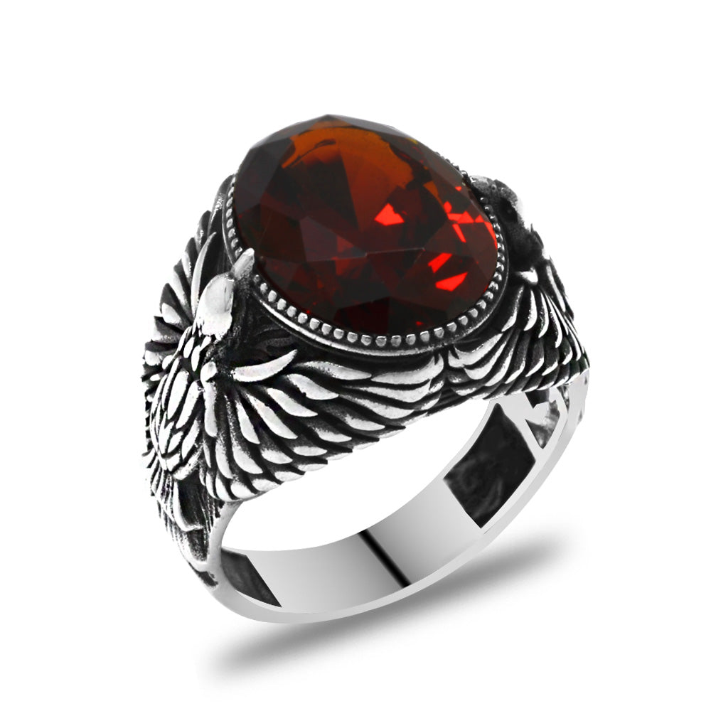  Red Zircon Stone  925 Sterling Silver Men's Ring