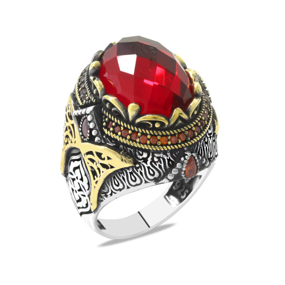 Facet Cut Red Zircon StoneSilver Men's Ring