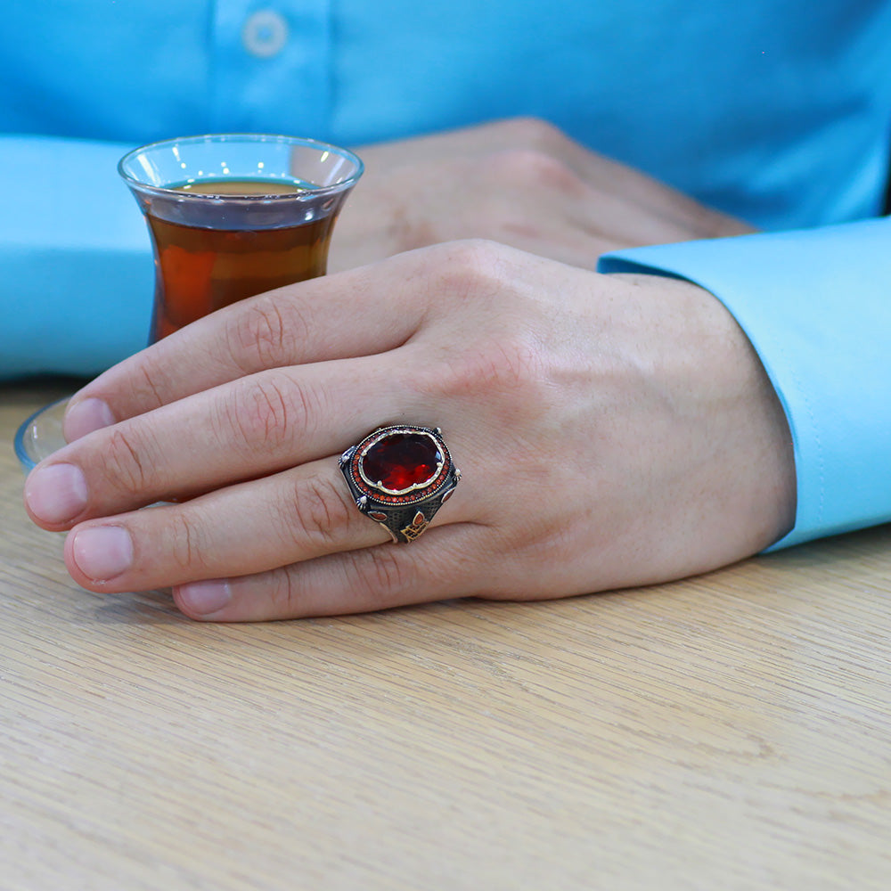 925 Sterling Silver Men's Ring with Red Zircon Stone