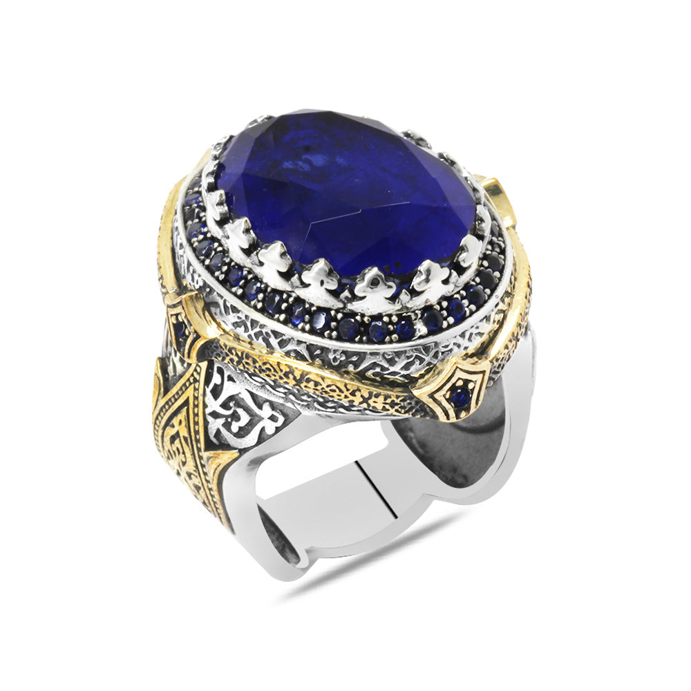 Blue Zircon Stone King Crown Design 925 Sterling Silver Men's Ring
