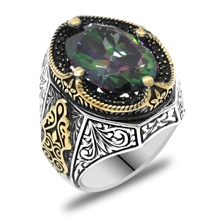925 Sterling Silver Men's Ring with Mystic Topaz Stone and Gothic Decorations on the Sides