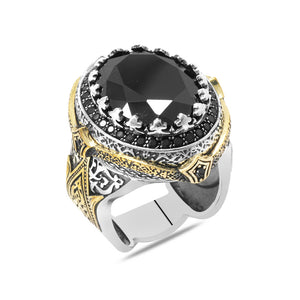 Black Zircon Stone King Crown Design 925 Sterling Silver Men's Ring