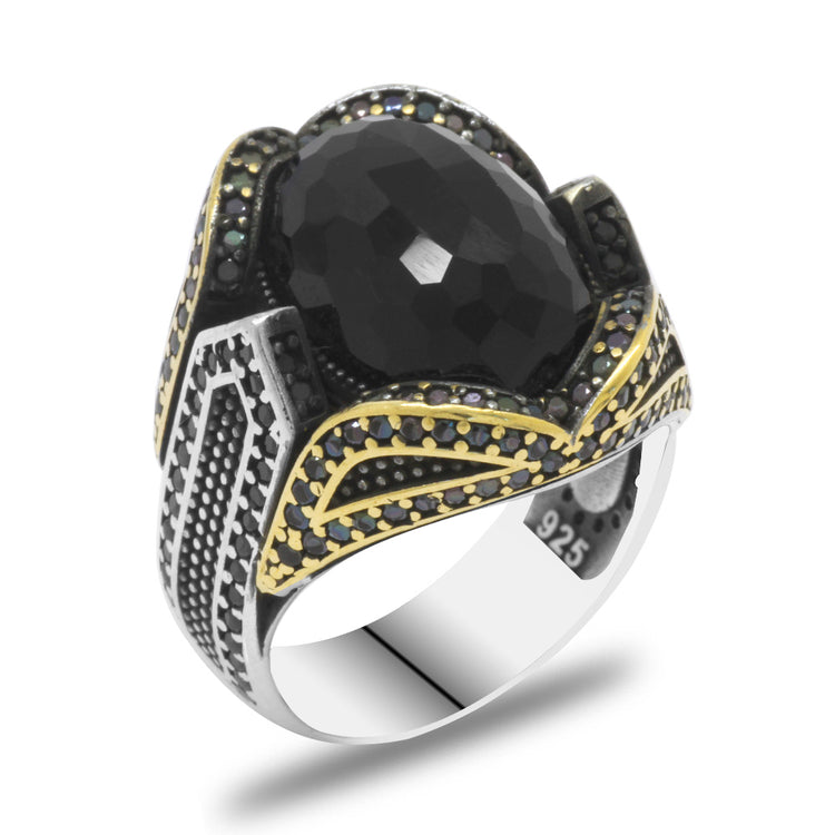 Pagan Design 925 Sterling Silver Men's Ring with Facet Cut Black Zircon Stone