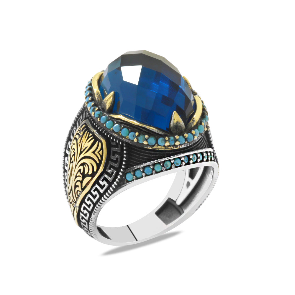 Turquoise Zircon Stone Oval Design Greek Decorated 925 Sterling Silver Men's Ring