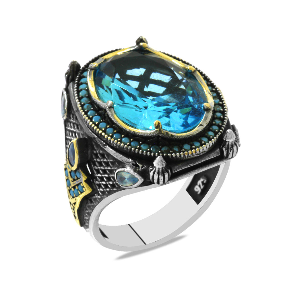 Facet Cut Turquoise Zircon Stone 925 Sterling Silver Men's Ring with Torch Detail on the Sides