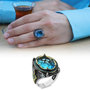 Facet Cut Turquoise Zircon Stone 925 Sterling Silver Men's Ring 