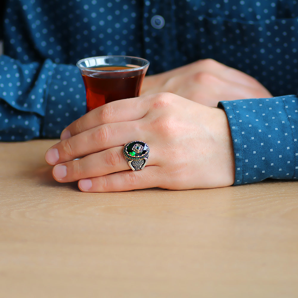 Silver Men's Ring with Green Zircon Stone
