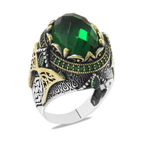  Green Zircon Stone  Silver Men's Ring