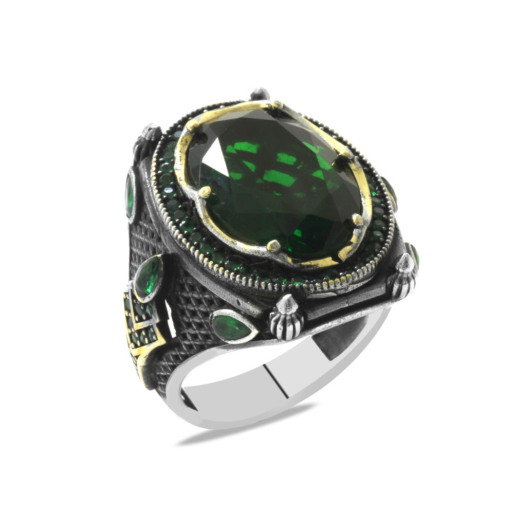 925 Sterling Silver Men's Ring with Facet Cut Green Zircon Stone 