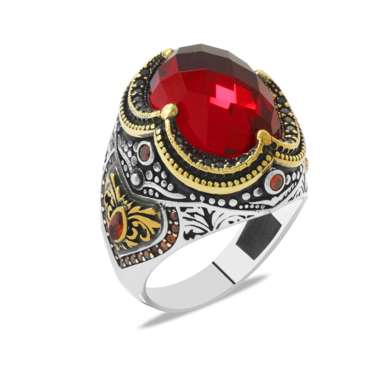 Facet Red Zircon Stone  925 Sterling Silver Men's Ring