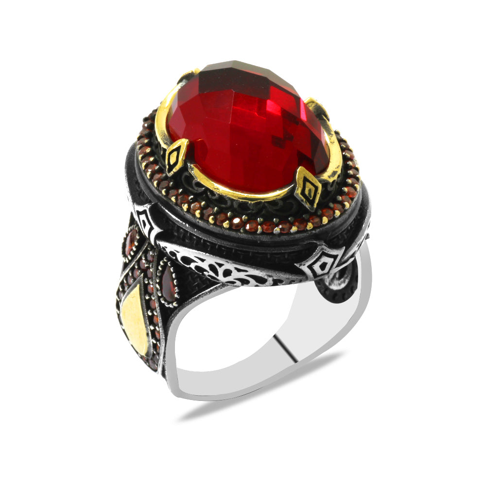 Red Zircon Stone King's Crown Design 925 Sterling Silver Men's Ring