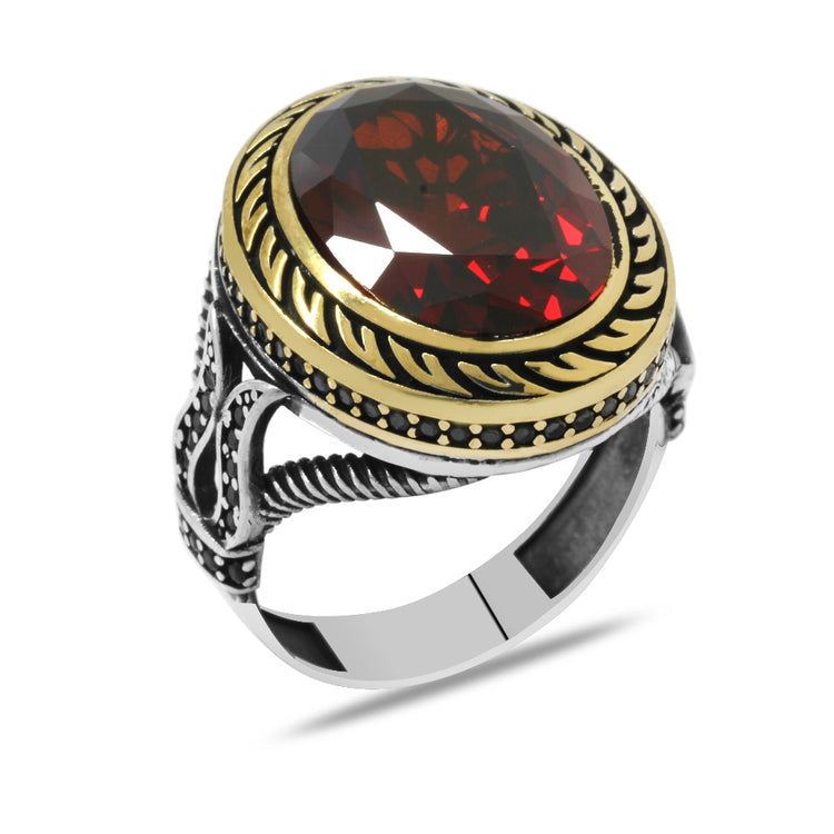 Facet Red Zircon Stone Tulip Patterned 925 Sterling Silver Men's Ring