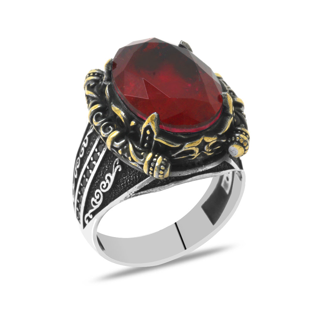 Authentic Design 925 Sterling Silver Men's Ring with Facet Red Zircon Stone