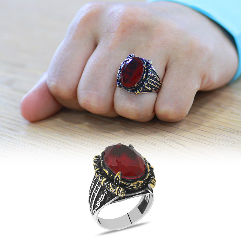  925 Sterling Silver Men's Ring with Facet Red Zircon Stone