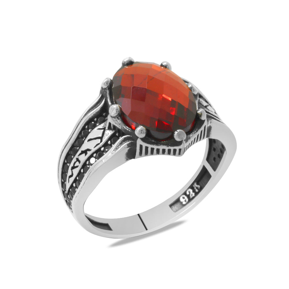 925 Sterling Silver Men's Ring with Facet Red Zircon Stone