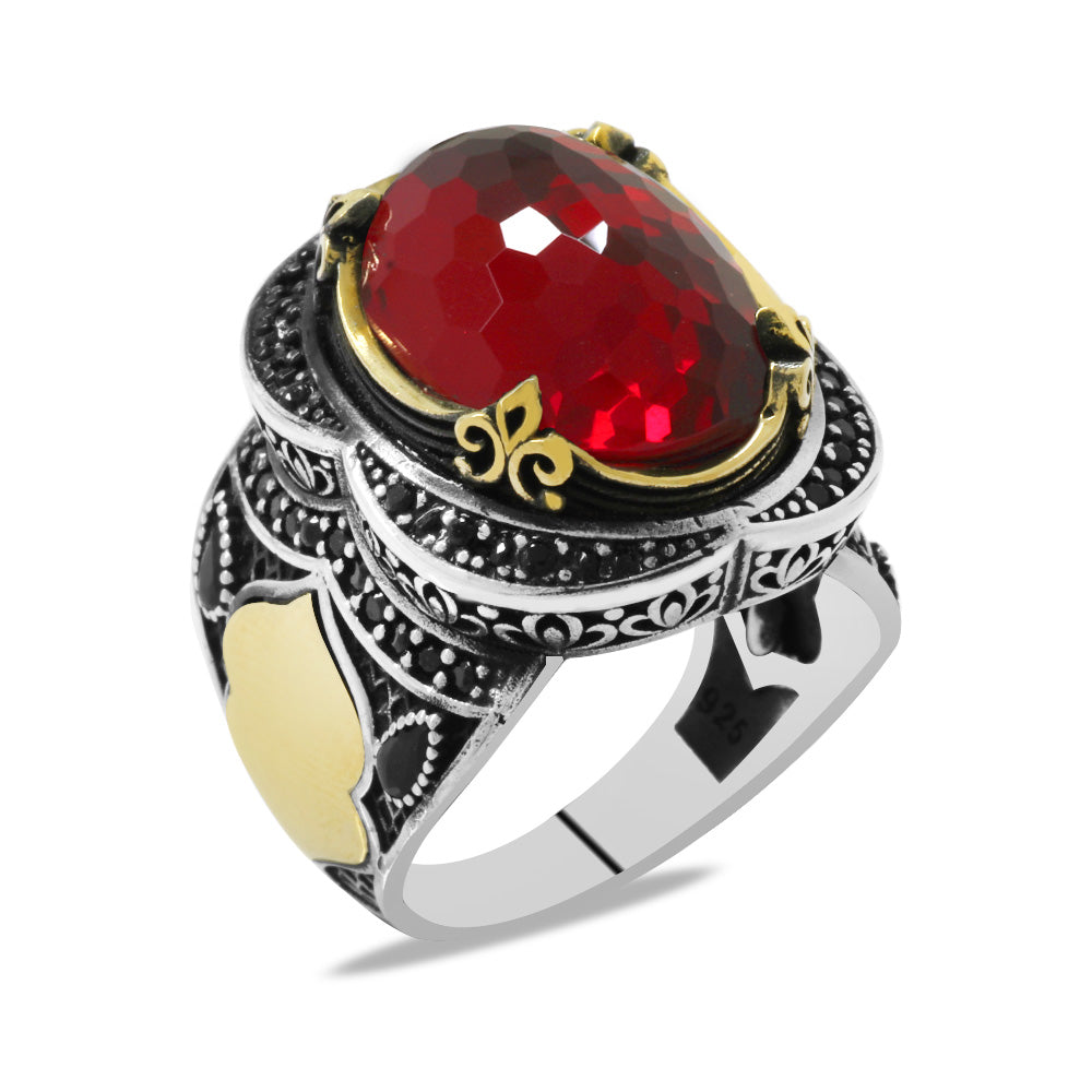 Facet Red Zircon Stone Oval Design 925 Sterling Silver Men's Ring 