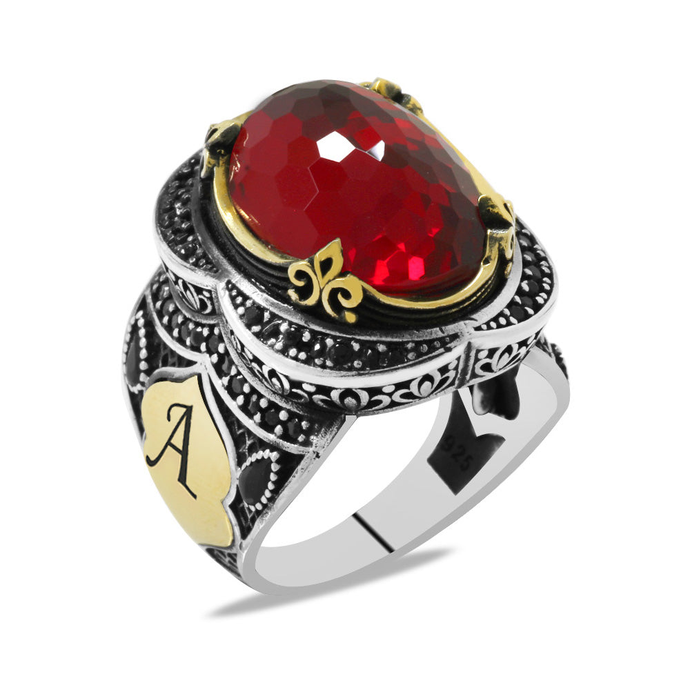 Facet Red Zircon Stone Oval Design 925 Sterling Silver Men's Ring with Personalized Name Letter Written