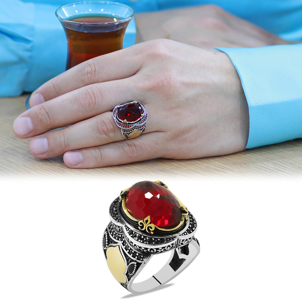 Facet Red Zircon Stone 925 Sterling Silver Men's Ring 