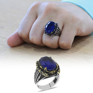 925 Sterling Silver Men's Ring with Facet Dark Blue Zircon Stone