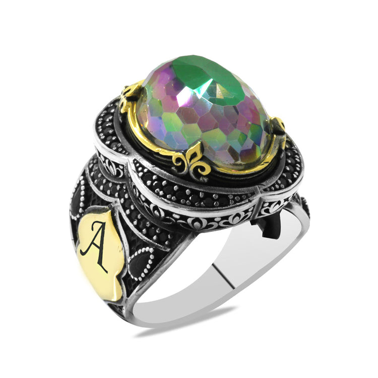 Facet Mystic Topaz Stone Oval Design 925 Sterling Silver Men's Ring with Personalized Name Letter Written