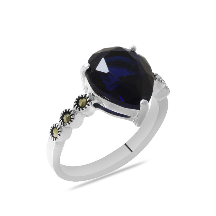 Facet Night Blue Zircon Stone Drop Design 925 Sterling Silver Women's Ring