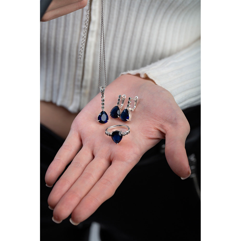  Blue Zircon Stone Drop Design 925 Sterling Silver Women's Ring