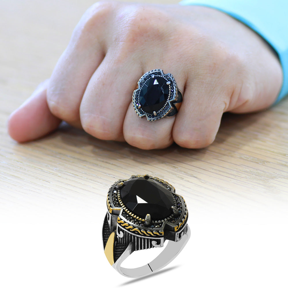 Facet Black Zircon Stone  925 Sterling Silver Men's Ring