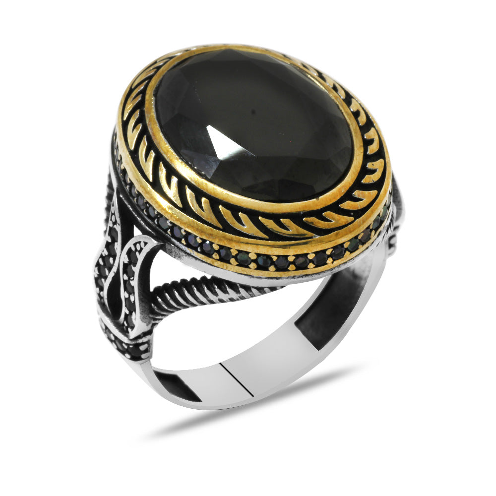 Facet Black Zircon Stone Tulip Pattern 925 Sterling Silver Men's Ring