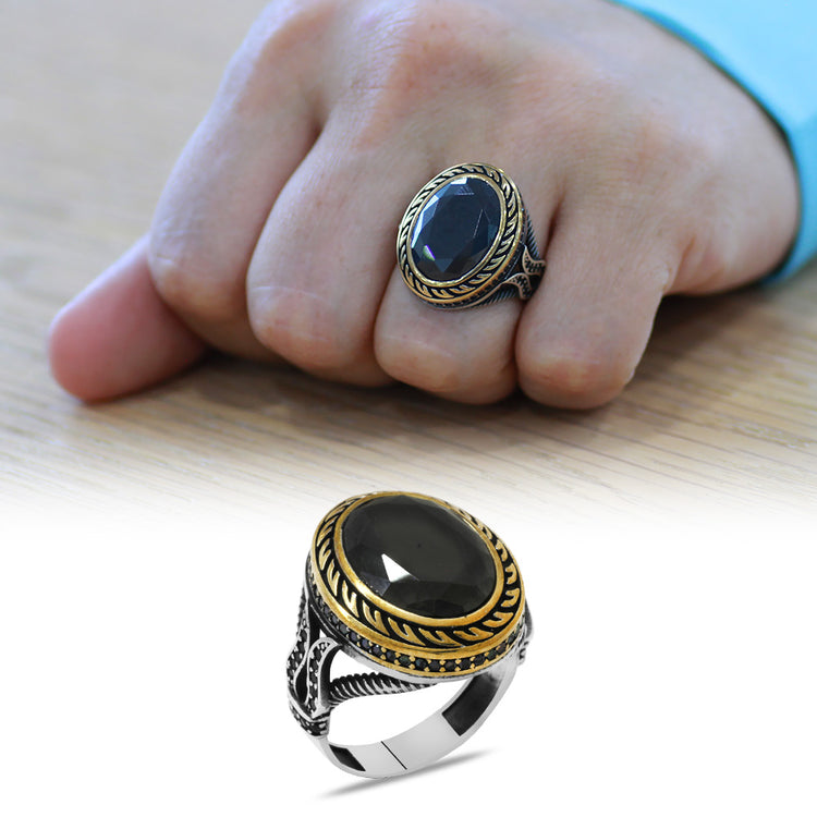 Facet Black Zircon Stone 925 Sterling Silver Men's Ring