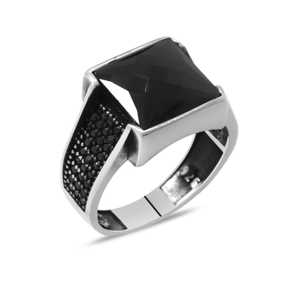 925 Sterling Silver Men's Ring with Black Zircon Stone