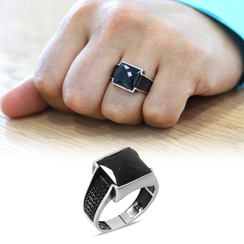  925 Sterling Silver Men's Ring with Black Zircon Stone