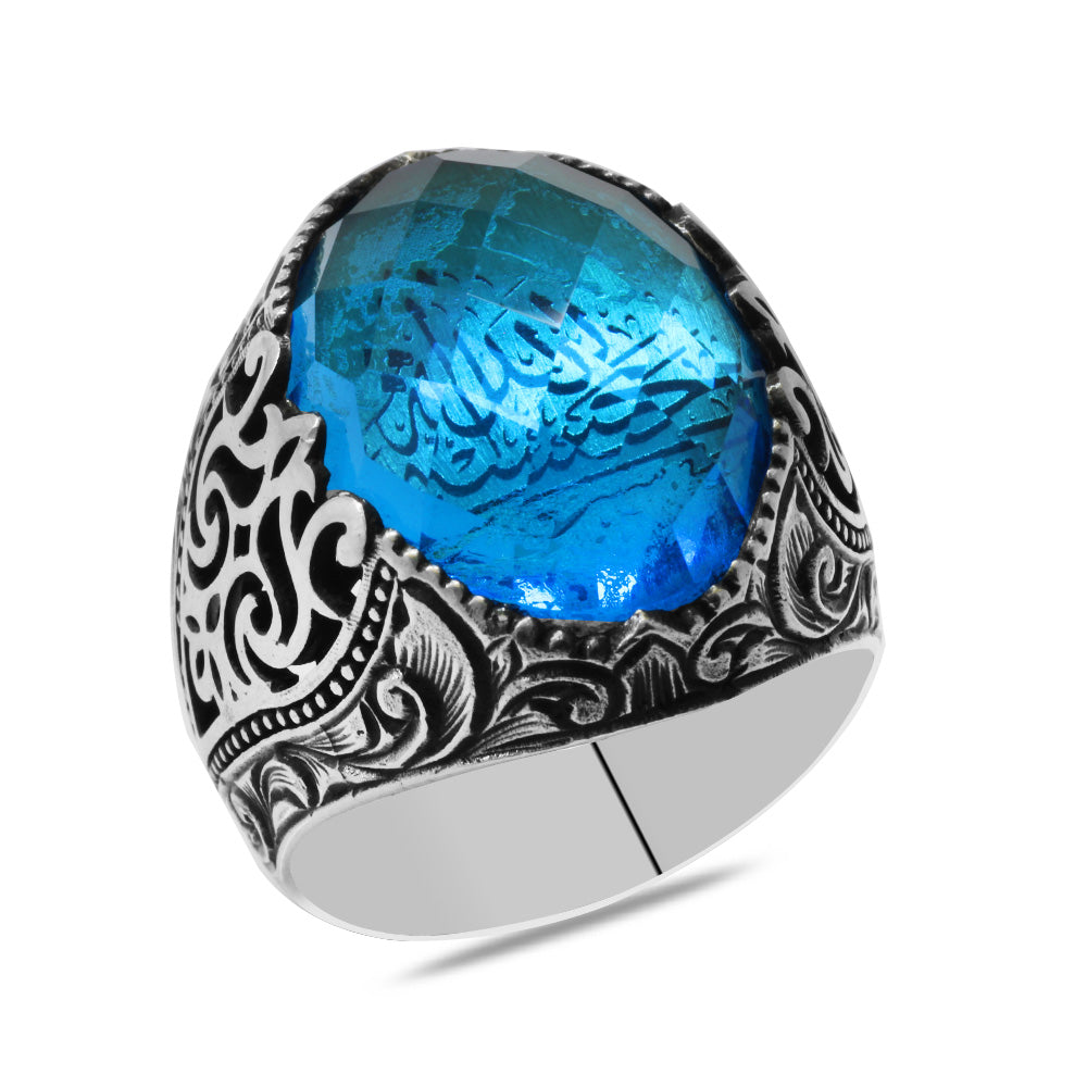 Silver Men Ring with Facet Turquoise Zircon Stone and Calligraphy